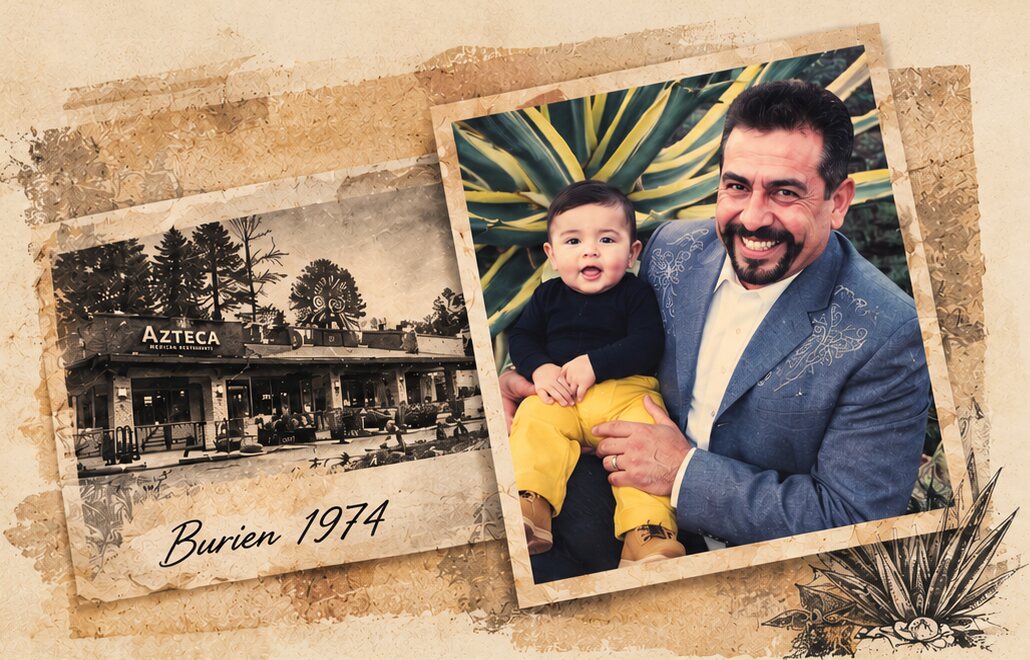 Photo collage: the original Burien restaurant in 1974, and Jose &ldquo;Pepe&rdquo; Ramos holding a baby